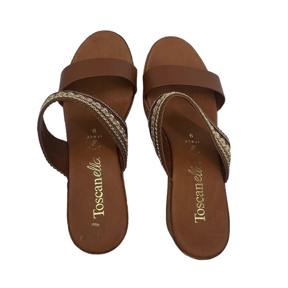 Toscanella Brown Gold Double Banded Platform Wedge Sandals Size 9 Women's - Picture 5 of 7